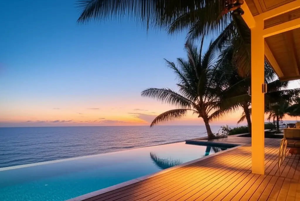 The Art of Disconnection: A Guide to the Ultimate Digital Detox 1 A tranquil twilight view from a wooden villa deck overlooking an infinity pool that meets the calm, dusky ocean under a softly colored sky with palm trees silhouetted against the horizon.