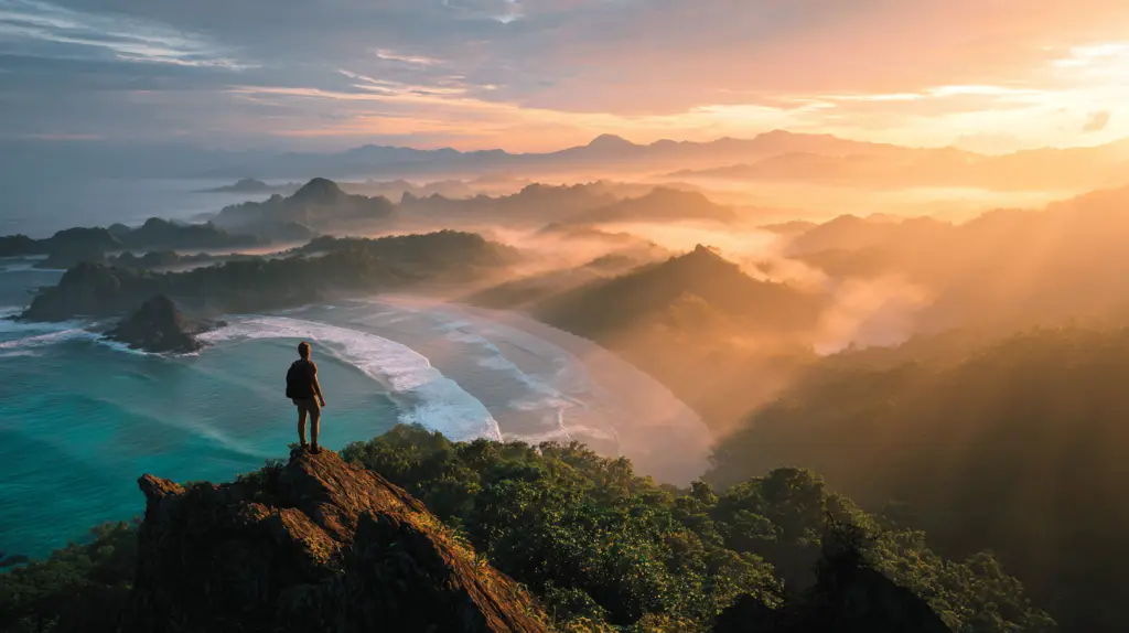 Lone traveler watching a sunrise, representing transformative travel.