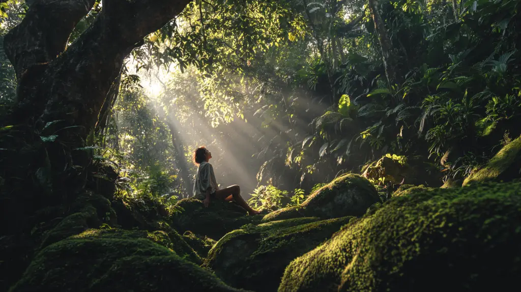 A person completely absorbed and at peace in a dense, magical forest setting