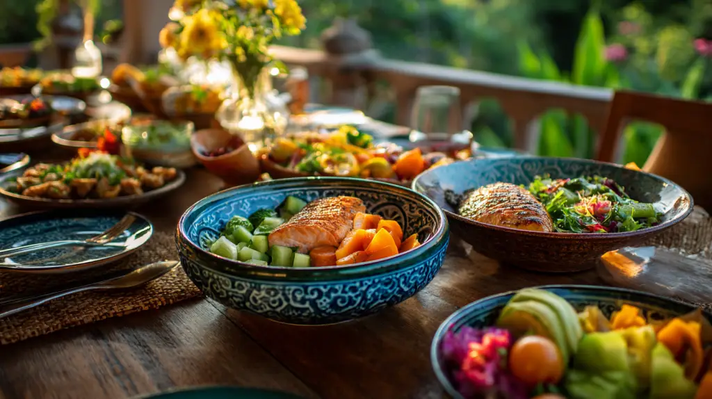 A vibrant, inviting flat-lay or close-up of an authentic, farm-to-table meal