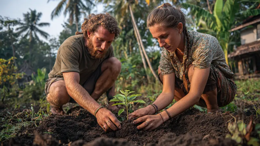 A hopeful, close-up shot focusing on a collaborative act of regeneration.