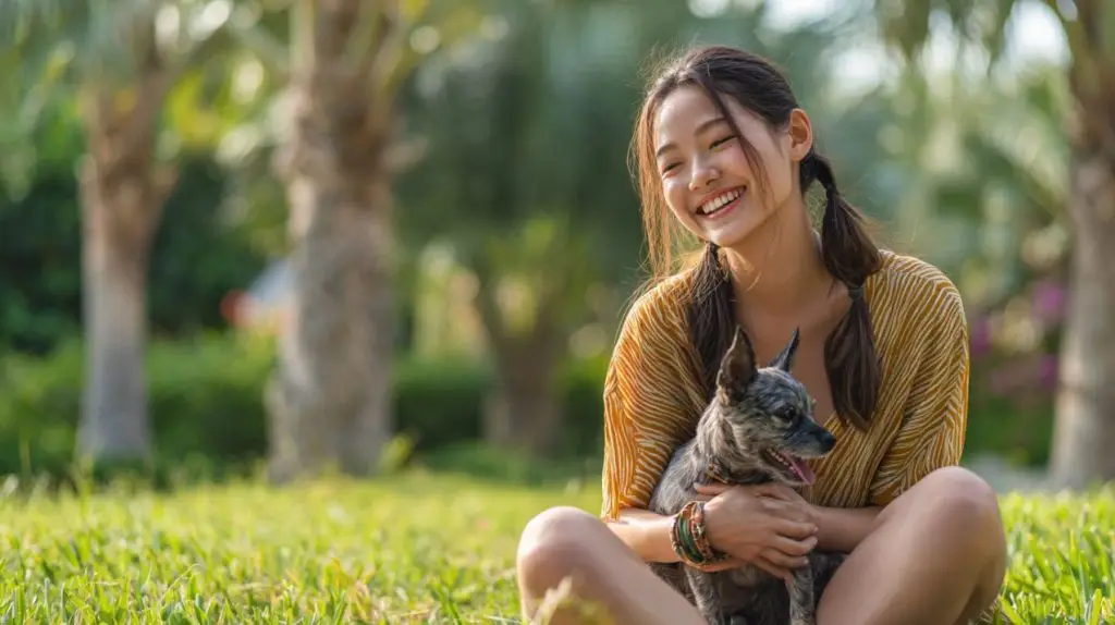 Owner and Dog Playing in Garden NaturalVillas Thailand