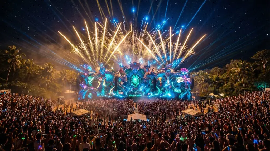 Tomorrowland Thailand 2026 EDM mainstage fireworks lasers tropical setting