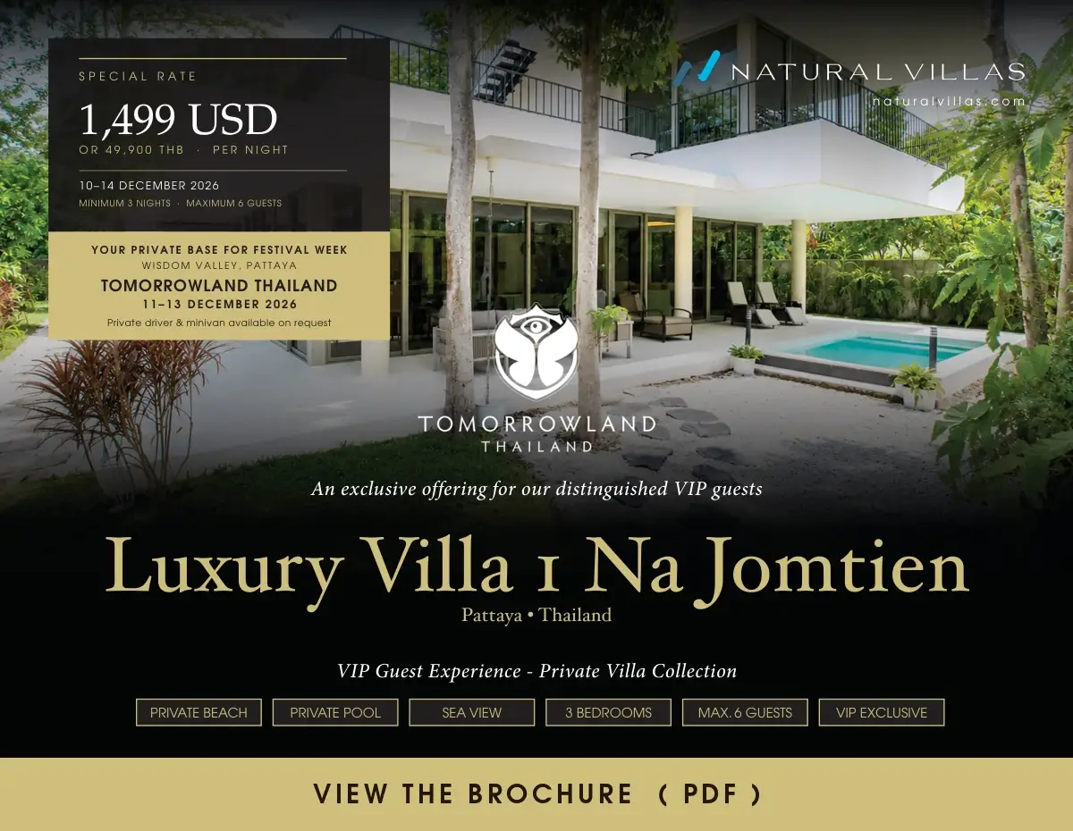 Luxury Villa 1 Na Jomtien brochure — Tomorrowland Thailand 2026 special rate 49,900 THB per night
