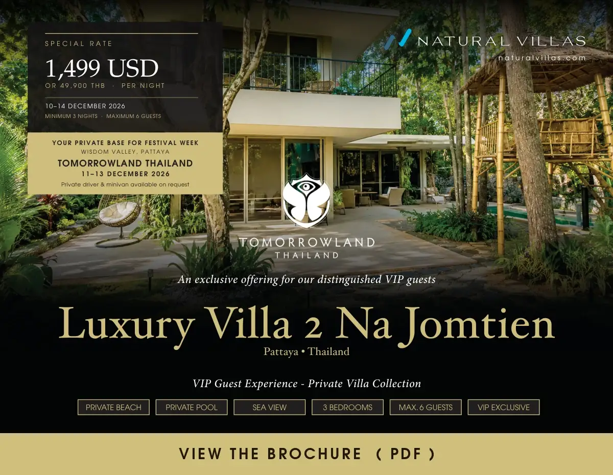 Luxury Villa 2 Na Jomtien brochure — Tomorrowland Thailand 2026 special rate 49,900 THB per night