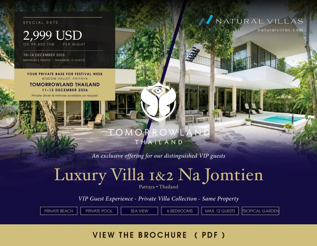 Luxury Villa 1 and 2 combined Na Jomtien brochure — Tomorrowland Thailand 2026 special rate 99,800 THB per night, up to 12 guests