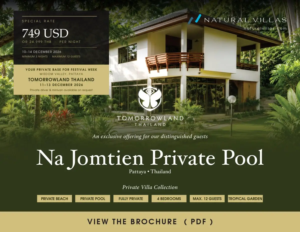 Na Jomtien Pool Villa brochure — Tomorrowland Thailand 2026 special rate 24,999 THB per night